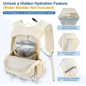 Hiking backpack detail view showing inner hydration bladder compartment and tube routing ports.