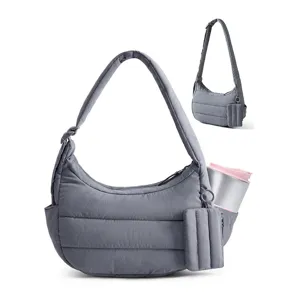 Grey quilted shoulder bag, lightweight casual dumpling hobo bag with side pocket and pouch.