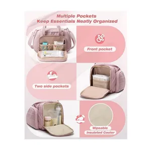 Sac à tire-lait rose matelassé avec poches multiples et glacière isolée pour maman.