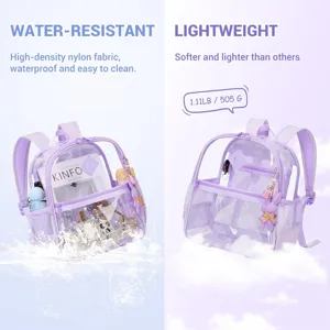 Clear transparent mini backpack with purple trim and cute bunny charm, waterproof stadium bag.