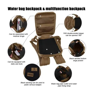 Detailed views of the tactical cycling backpack showing multi-functional compartments and YKK zippers.