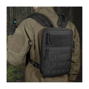 Black tactical backpack for outdoor cycling hiking and sports, durable molle design.