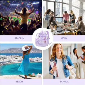 Clear PVC transparent backpack for stadium, school, work, and beach. Stylish and durable.