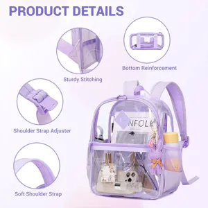 Clear PVC backpack details with sturdy stitching, adjustable straps, and reinforced bottom.