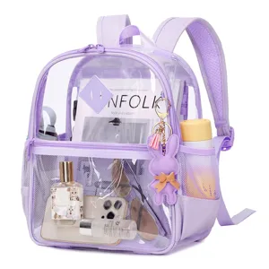 Clear PVC mini backpack for stadium events and concerts, purple waterproof travel daypack.