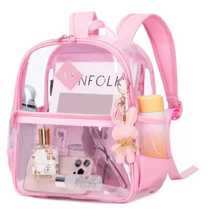 Clear pink PVC mini backpack, stylish transparent stadium bag for concerts and sports events.