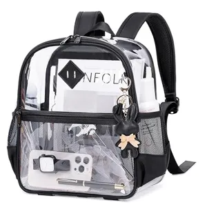 Clear transparent backpack with thick PVC material, ideal for concerts and sports events.