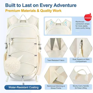 Beige hiking backpack with water-resistant coating, tear-resistant fabric and multiple pockets.