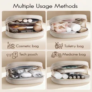 Bolsa cosmetica multifuncional de cuero PU de viaje necesite portatil organizador beige