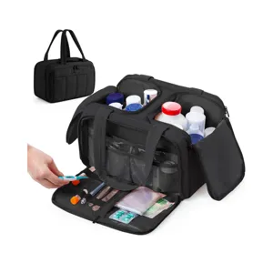 Vue détaillée du sac de rangement de pharmacie de premier secours noir avec double grande ouverture