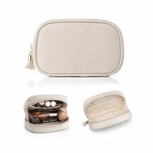 Bolsa de Maquillaje Portátil para Mujer Forrada de Franela Estuche Cosmético de Viaje Con Cremallera de Borla Color Sólido Impermeable Organizador