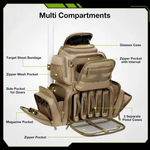 Tactical backpack detail view showing multi compartments, pistol cases and gear pockets.