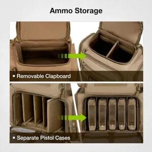Tactical ammo storage backpack with removable clapboards and separate pistol cases.