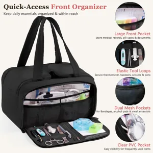 Sac de rangement médical noir portable à double couche avec plusieurs poches pour le voyage.