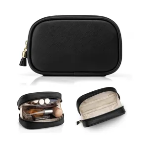Bolsa de cosméticos negra de cuero PU organizador de viaje portátil con cremallera y borla mujer
