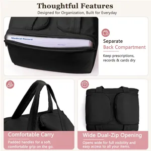 Détail de sac médical noir avec grande ouverture et poignées rembourrées très confortables.