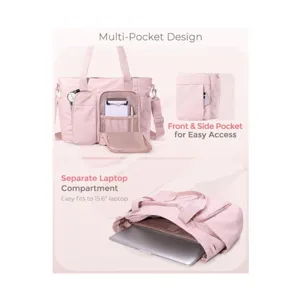 Borsa shopper rosa da donna con tasche multiple e scomparto per laptop per lavoro viaggio.