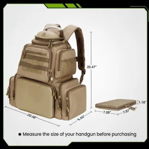 Multifunctional tactical backpack detail view showing dimensions and multiple storage compartments.