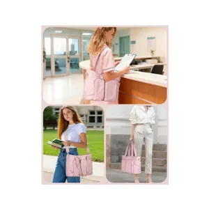 Borsa da lavoro rosa con tasche multiple mostrata in vari scenari quotidiani.