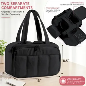Sac de rangement médical portable noir à double couche, trousse de premiers secours de voyage.