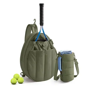 Olive green tennis backpack set with matching 40oz bottle bag and racket slot detail.