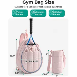 Pink tennis backpack and water bottle bag set, 16.7 inch gym sports bag for various rackets.