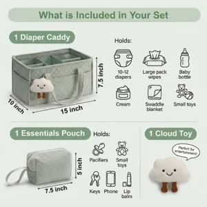 Green quilted diaper caddy organizer set with essentials pouch and cute cloud toy for baby.