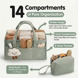Multi-compartment baby diaper caddy organizer with detachable divider and extra storage pouch.