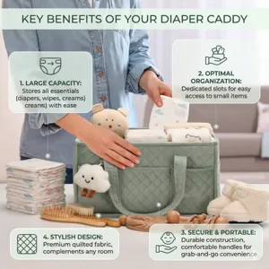 Green quilted diaper caddy organizer with multiple pockets, large capacity baby basket.