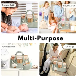 Portable baby diaper caddy organizer with multiple pockets for nursery and travel use.