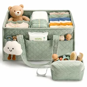 Large Capacity Flannel Quilted Diaper Caddy Organizer For Mommy Nursery Portable Baby Diaper Storage Basket And Pouch With Cloud Charm
