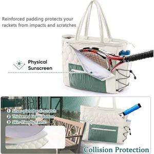 Quilted tennis tote bag detail with reinforced padding and collision protection features.