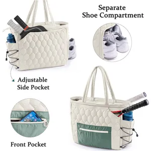 Detailed view of quilted tennis tote bag featuring separate shoe compartment and side pocket.