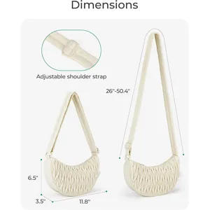 Women quilted crescent shoulder bag with adjustable strap and dimensions detail graphic.