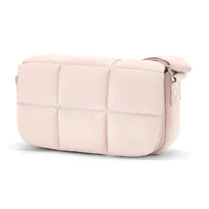 Pink quilted nylon crossbody bag, lightweight puffer shoulder bag with stylish grid design.