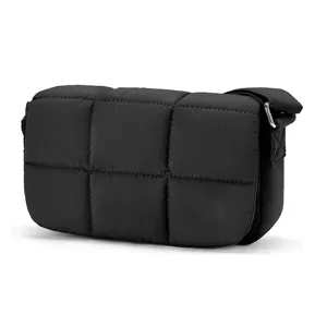 Black quilted nylon crossbody bag lightweight padded shoulder messenger bag for women