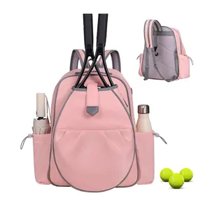 Waterproof pink women tennis backpack with racket compartment, side pockets and balls.