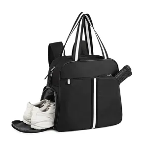 Black tennis backpack multi-functional sports tote bag with shoe compartment for outdoor use.