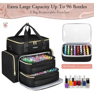 Extra large nail polish organizer travel bag holding up to 96 bottles with two pouches.