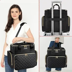 Oversized double layer black travel organizer bag with gold zippers and convenient luggage strap