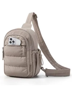 Detail view of mini quilted sling backpack in khaki, featuring phone pocket and adjustable strap.