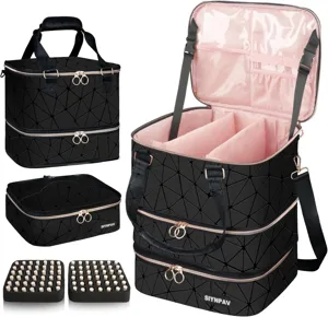 Multi-layer cosmetic storage bag with geometric pattern, large capacity travel makeup organizer.