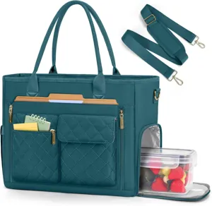 Detail view of the multi-functional teacher tote bag featuring multiple pockets and lunch box space.