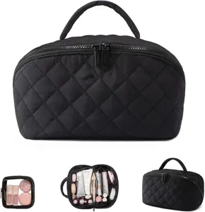 Schwarze gesteppte Kosmetiktasche mit Griff, große Make-up-Organizer-Tasche für Reisen.