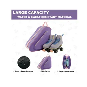 Detailed view of the purple roller skate bag featuring waterproof material and large capacity storage.