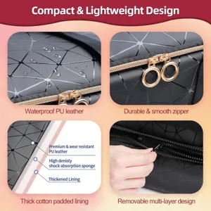 Geometric cosmetic storage bag detail showing waterproof PU leather and smooth zippers.