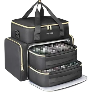 Large nail polish organizer travel bag holding 100 bottles with double layers and drawers.