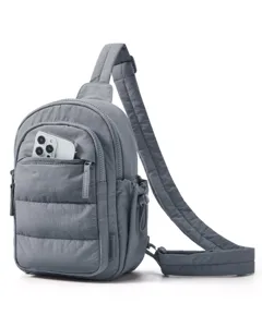 Grey puffer sling bag for women, waterproof mini crossbody chest bag with phone pocket.