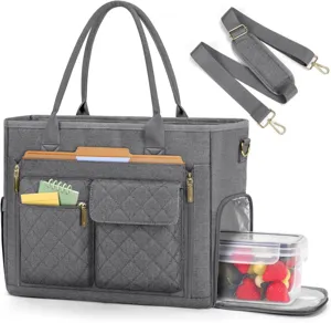 Large capacity grey tote bag detail showcasing multi pockets and lunch box compartment design.