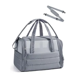 Grey foldable pet carrier bag with breathable mesh panels, sturdy handles and adjustable strap.